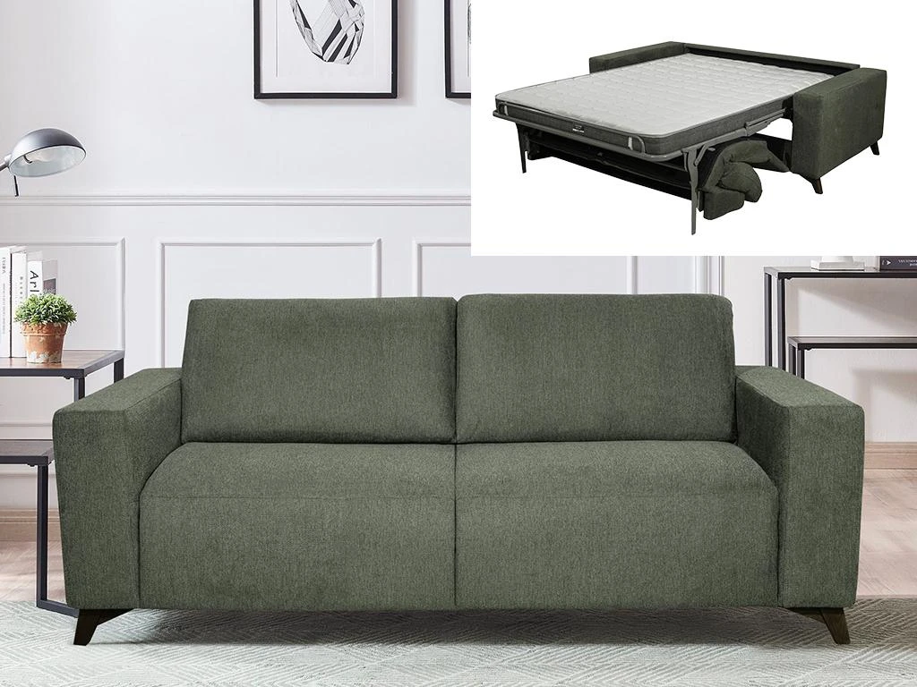 Canapé 3 Places Convertible Express En Tissu MONTASI - Vert - Couchage 140 Cm - Matelas DUNLOPILLO 14 Cm Avec Mémoire De Forme 2 Canapé 3 Places Convertible Express En Tissu MONTASI - Vert - Couchage 140 Cm - Matelas DUNLOPILLO 14 Cm Avec Mémoire De Forme – Image 2