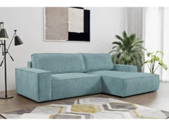 Canapé D'angle Convertible En Velours Côtelé Bleu Clair AMELIA De Pascal Morabito - Angle Droit