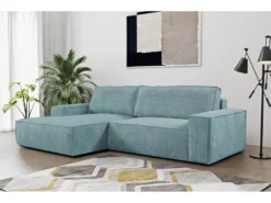 Canapé D'angle Convertible En Velours Côtelé Bleu Clair AMELIA De Pascal Morabito - Angle Gauche