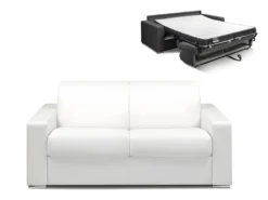 Canapé 2 Places Convertible Express En Simili CALITO - Blanc - Couchage Lattes Larges 120 Cm - Matelas 14 Cm Avec Mémoire De Forme DUNLOPILLO