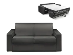 Canapé 2 Places Convertible Express En Simili CALITO - Noir - Couchage Lattes Larges 120 Cm - Matelas 14 Cm Avec Mémoire De Forme DUNLOPILLO