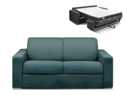 Canapé 2 Places Convertible Express En Tissu CALITO - Bleu - Couchage Lattes Larges 120 Cm - Matelas 18 Cm Avec Mémoire De Forme DUNLOPILLO