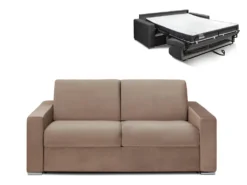 Canapé 3 Places Convertible Express En Velours CALITO - Beige - Couchage 140 Cm - Matelas 16 Cm Avec Mousse à Mémoire De Forme DUNLOPILLO