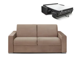 Canapé 3 Places Convertible Express En Velours CALITO - Beige - Couchage 140 Cm - Matelas 18 Cm Avec Mémoire De Forme DUNLOPILLO