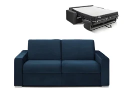 Canapé 3 Places Convertible Express En Velours CALITO - Bleu Nuit - Couchage 140 Cm - Matelas 22 Cm Avec Mémoire De Forme DUNLOPILLO