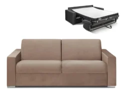 Canapé 4 Places Convertible Express En Velours CALITO - Beige - Couchage 160 Cm - Matelas 14 Cm Avec Mémoire De Forme DUNLOPILLO