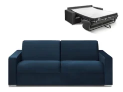 Canapé 4 Places Convertible Express En Velours CALITO - Bleu Nuit - Couchage 160 Cm - Matelas 14 Cm Avec Mémoire De Forme DUNLOPILLO