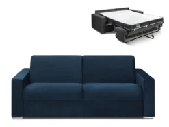 Canapé 4 Places Convertible Express En Velours CALITO - Bleu Nuit - Couchage 160 Cm - Matelas 16 Cm Avec Mousse à Mémoire De Forme DUNLOPILLO
