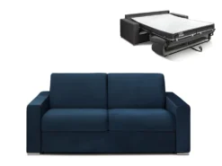 Canapé 2 Places Convertible Express En Velours CALITO - Bleu Nuit - Couchage Lattes Larges 120 Cm - Matelas 16 Cm Avec Mousse à Mémoire De Forme DUNLOPILLO
