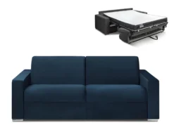 Canapé 4 Places Convertible Express En Velours CALITO - Bleu Nuit - Couchage 160 Cm - Matelas 18 Cm Avec Mémoire De Forme DUNLOPILLO
