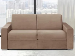 Canapé 2 Places Convertible Express En Velours CALITO - Beige - Couchage Lattes Larges 120 Cm - Matelas 22 Cm Avec Mémoire De Forme DUNLOPILLO -Canapé Soldes Boutique canape 490759