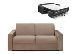 Canapé 3 Places Convertible Express En Velours CALITO - Beige - Couchage Lattes Larges 140 Cm - Matelas 14 Cm Avec Mémoire De Forme DUNLOPILLO