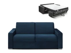 Canapé 3 Places Convertible Express En Velours CALITO - Bleu Nuit - Couchage Lattes Larges 140 Cm - Matelas 18 Cm Avec Mémoire De Forme DUNLOPILLO