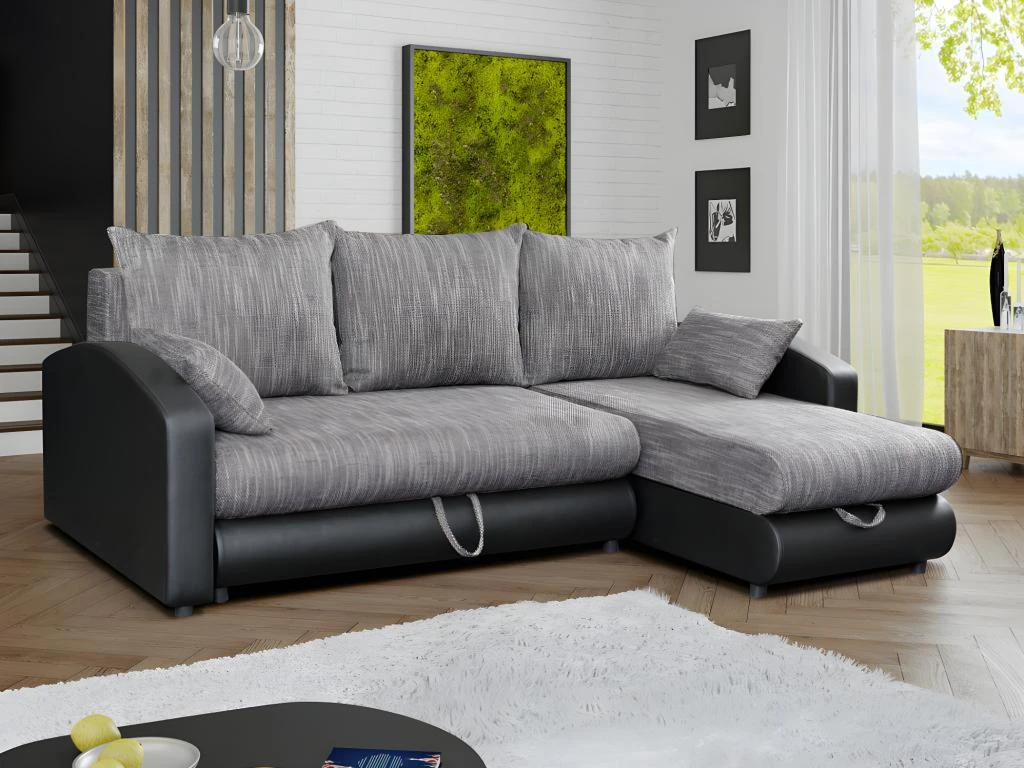 Canapé D'angle Convertible Et Réversible En Simili Et Tissu PIANA - Gris Chiné Et Noir 7 Canapé D'angle Convertible Et Réversible En Simili Et Tissu PIANA - Gris Chiné Et Noir – Image 7