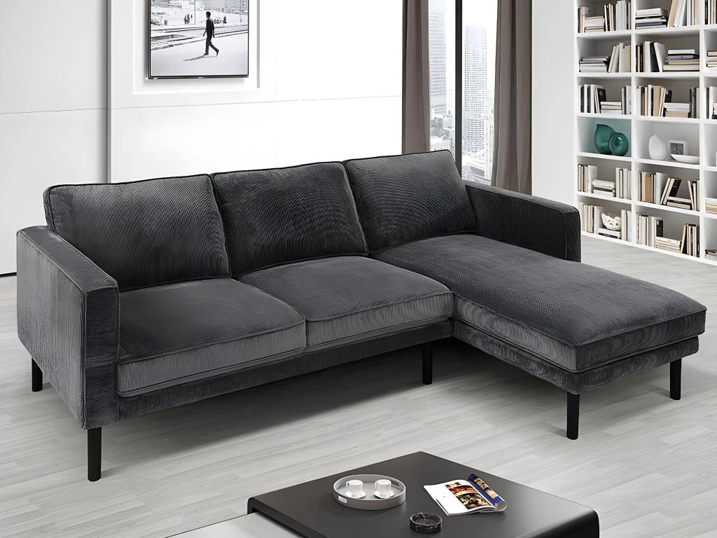 Canapé D'angle Droit En Velours Côtelé Anthracite MIKE 1 Canapé D'angle Droit En Velours Côtelé Anthracite MIKE