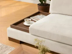 Canapé D'angle Droit En Velours Crème Et Pouf Intégré MOSKA -Canapé Soldes Boutique canape 714377