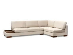 Canapé D'angle Droit En Velours Crème Et Pouf Intégré MOSKA