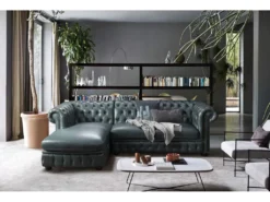Canapé D'angle Gauche Chesterfield BRENTON 100% Cuir De Buffle Premium - Vert De Gris