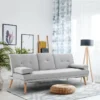 Canapé Convertible 3 Places Design Scandinave Inclinaison Dossier Réglable 3 Niveaux Dossier Central Rabattable 2 Porte-verres Bois Massif Lin Gris Clair