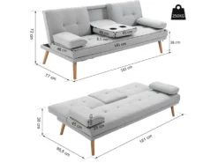 Canapé Convertible 3 Places Design Scandinave Inclinaison Dossier Réglable 3 Niveaux Dossier Central Rabattable 2 Porte-verres Bois Massif Lin Gris Clair -Canapé Soldes Boutique canape 8909017