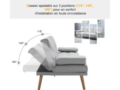 Canapé Convertible 3 Places Design Scandinave Inclinaison Dossier Réglable 3 Niveaux Dossier Central Rabattable 2 Porte-verres Bois Massif Lin Gris Clair -Canapé Soldes Boutique canape 8909019
