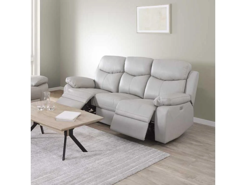 Canapé Relax 3P Cuir Gris Clair - BATO 1 Canapé Relax 3P Cuir Gris Clair - BATO