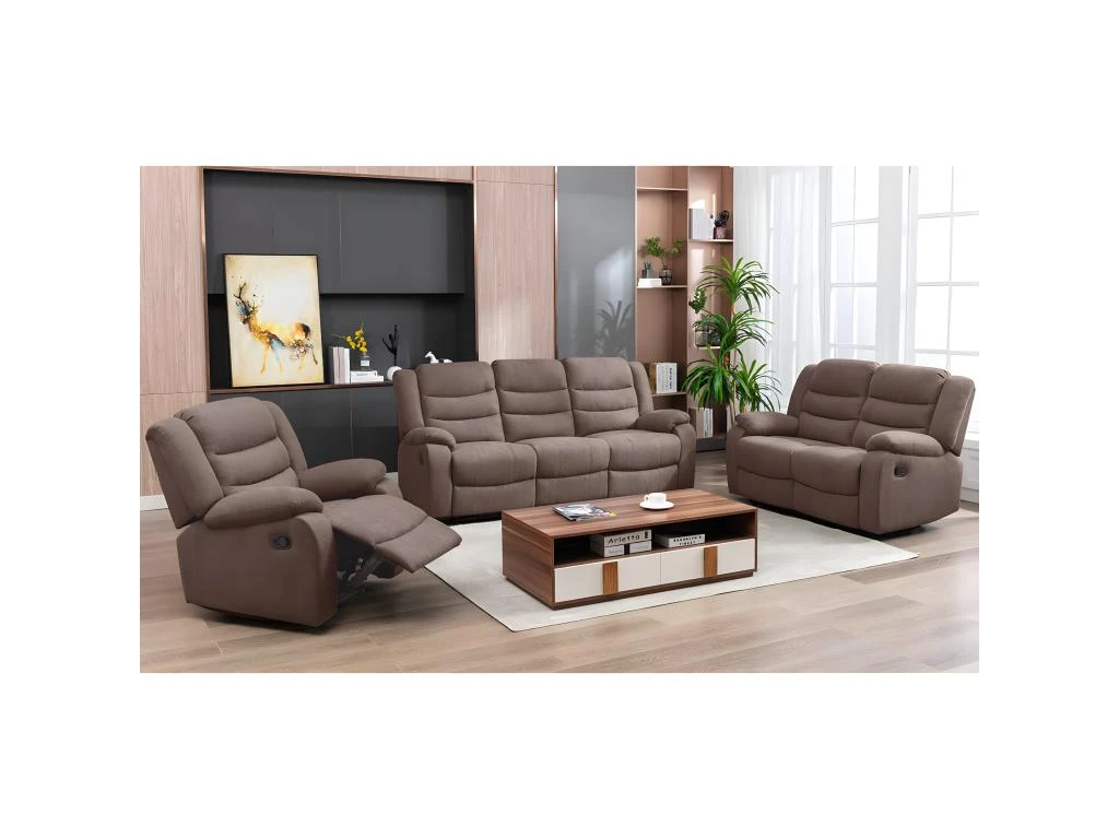 PHOENIX - Canapé Relax Manuel 3 Places Tissu Marron 1 PHOENIX - Canapé Relax Manuel 3 Places Tissu Marron