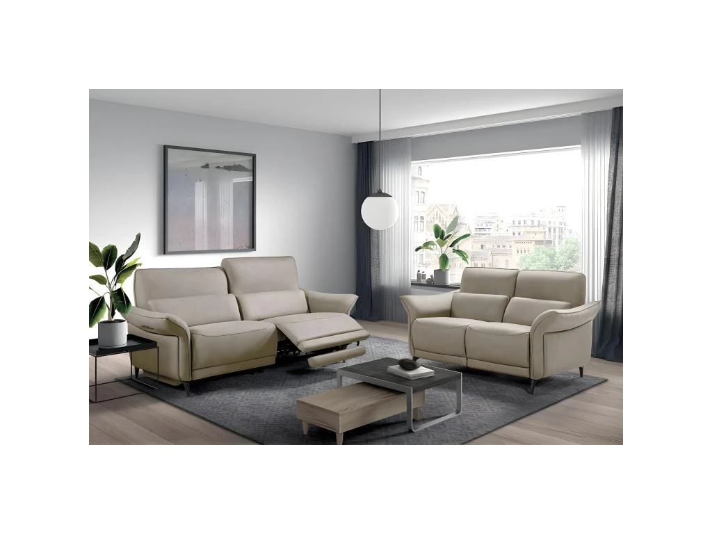 OSTRAVA - Canapé Relax Electrique 3 Places Tissu Beige 2 OSTRAVA - Canapé Relax Electrique 3 Places Tissu Beige – Image 2