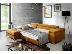 Canapé D'angle Convertible En Tissu Velours Luxe 5 Places, RICHARD, Couleur Moutarde, Angle Gauche -Canapé Soldes Boutique canape 9479419