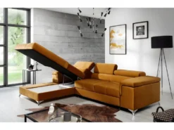 Canapé D'angle Convertible En Tissu Velours Luxe 5 Places, RICHARD, Couleur Moutarde, Angle Gauche -Canapé Soldes Boutique canape 9479421