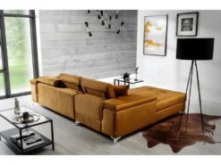 Canapé D'angle Convertible En Tissu Velours Luxe 5 Places, RICHARD, Couleur Moutarde, Angle Gauche -Canapé Soldes Boutique canape 9479423