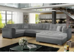 Canapé Panoramique Convertible - DAMIEN VELOURS - En Tissu Gris Clair Gris Foncé De Qualité, 7 Places, Gris, Méridienne à Droite Et Angle à Gauche (vu De Face)