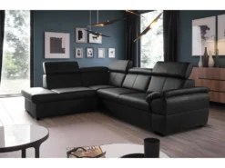 Canapé D'angle Convertible En Cuir Italien De Luxe 5/6 Places TONY, Avec Coffre, Noir, Angle Gauche