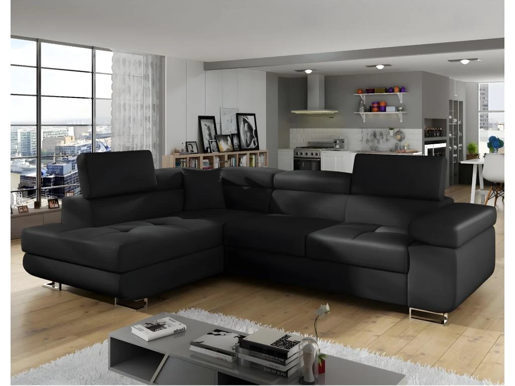 Canapé D'angle Gauche Convertible Marius Simili Noir 1 Canapé D'angle Gauche Convertible Marius Simili Noir