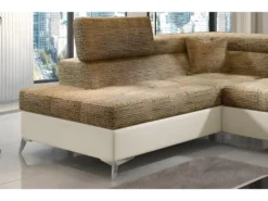 Canapé D'angle Convertible - ERMAN - En Tissu Et Simili 5 Places, Marron Et écru, Angle Gauche (vu De Face) -Canapé Soldes Boutique canape 9482189