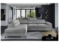 Canapé D'angle Convertible - LARRY VELOURS - En Tissu Luxe, 5 Places, Gris , Angle Gauche (vu De Face)