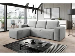 Canapé D'angle Convertible - SIDNEY VELOURS - En Tissu Luxe - 5/6 Places, Gris Clair, Angle Gauche (vu De Face)