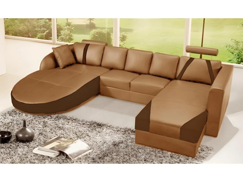 Canapé D'angle En Cuir Italien 7/8 Places NAPLES, Marron Et Chocolat, Angle Droit Et Méridienne à Gauche (vu De Face) 1 Canapé D'angle En Cuir Italien 7/8 Places NAPLES, Marron Et Chocolat, Angle Droit Et Méridienne à Gauche (vu De Face)