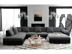 Atis - Canapé D'angle Panoramique Xxl En U - En Tissu Et Simili - Angle Gauche Gris Et Noir