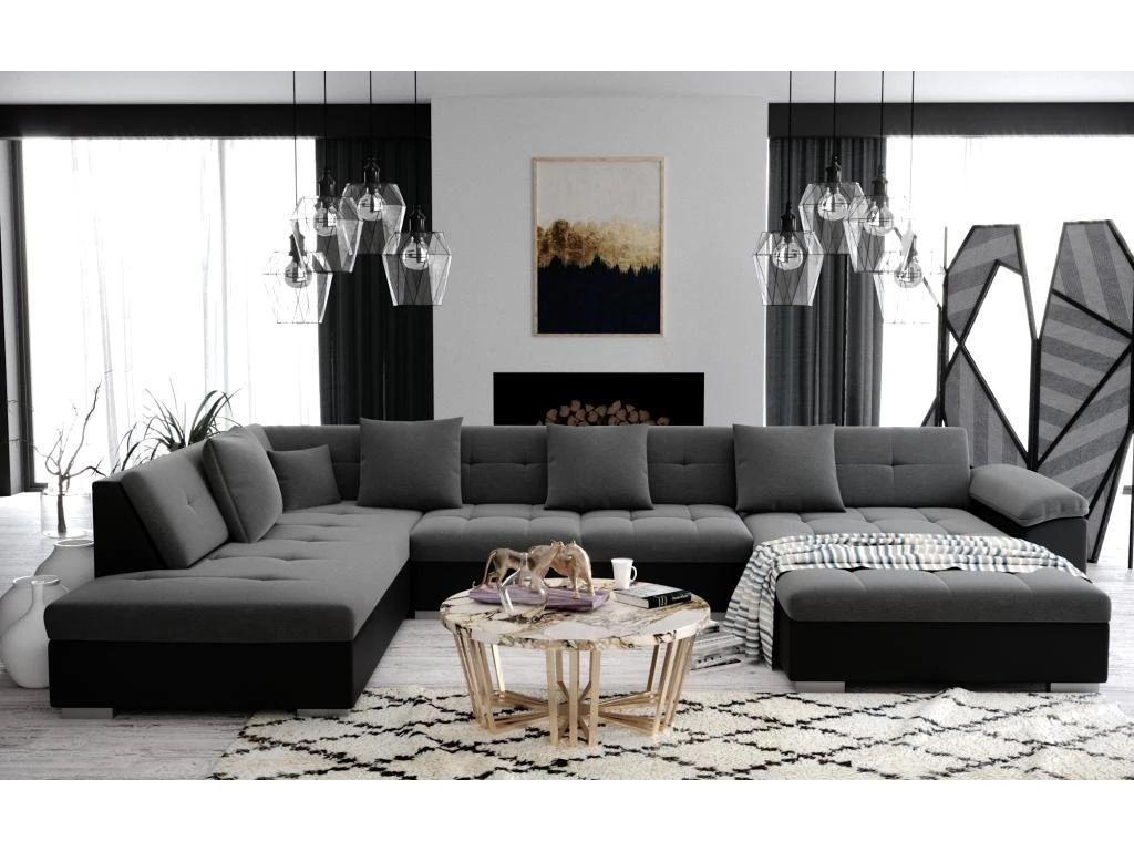 Atis - Canapé D'angle Panoramique Xxl En U - En Tissu Et Simili - Angle Gauche Gris Et Noir 1 Atis - Canapé D'angle Panoramique Xxl En U - En Tissu Et Simili - Angle Gauche Gris Et Noir