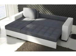 Canapé D'angle Convertible En Tissu Luxe Marron Et Simili Cuir Beige, 5 Places, Avec Coffre, Angle Gauche (vu De Face), NESTOR -Canapé Soldes Boutique canape 9992527