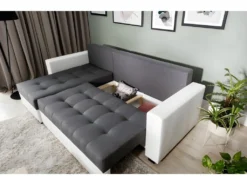 Canapé D'angle Convertible En Tissu Luxe Marron Et Simili Cuir Beige, 5 Places, Avec Coffre, Angle Gauche (vu De Face), NESTOR -Canapé Soldes Boutique canape 9992529