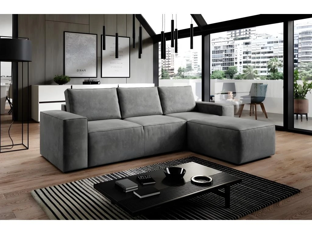 Canapé D'angle Convertible - SIDNEY VELOURS - En Tissu Luxe - 5/6 Places, Gris Foncé, Angle Droit (vu De Face) 1 Canapé D'angle Convertible - SIDNEY VELOURS - En Tissu Luxe - 5/6 Places, Gris Foncé, Angle Droit (vu De Face)