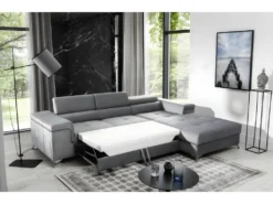 Canapé D'angle Convertible En Tissu Velours Luxe 5 Places, RICHARD, Gris, Angle Droit -Canapé Soldes Boutique canape 9992665