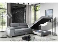 Canapé D'angle Convertible En Tissu Velours Luxe 5 Places, RICHARD, Gris, Angle Droit -Canapé Soldes Boutique canape 9992667