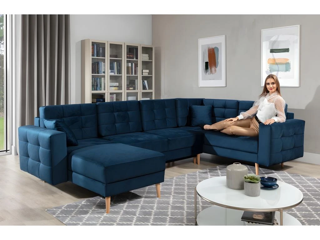 Canapé Panoramique Convertible - ASMA VELOURS - En Tissu De Qualité 5 Places, Bleu Foncé, Méridienne à Gauche Et Angle à Droite (vu De Face) 1 Canapé Panoramique Convertible - ASMA VELOURS - En Tissu De Qualité 5 Places, Bleu Foncé, Méridienne à Gauche Et Angle à Droite (vu De Face)