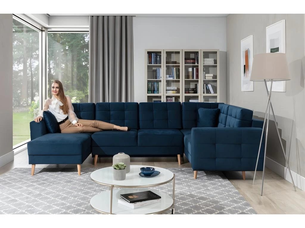 Canapé Panoramique Convertible - ASMA VELOURS - En Tissu De Qualité 5 Places, Bleu Foncé, Méridienne à Gauche Et Angle à Droite (vu De Face) 2 Canapé Panoramique Convertible - ASMA VELOURS - En Tissu De Qualité 5 Places, Bleu Foncé, Méridienne à Gauche Et Angle à Droite (vu De Face) – Image 2