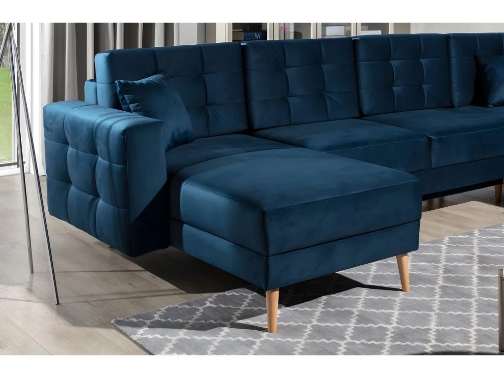 Canapé Panoramique Convertible - ASMA VELOURS - En Tissu De Qualité 5 Places, Bleu Foncé, Méridienne à Gauche Et Angle à Droite (vu De Face) 5 Canapé Panoramique Convertible - ASMA VELOURS - En Tissu De Qualité 5 Places, Bleu Foncé, Méridienne à Gauche Et Angle à Droite (vu De Face) – Image 5