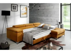 Canapé D'angle Convertible En Tissu Velours Luxe 5 Places, RICHARD, Couleur Moutarde, Angle Droit -Canapé Soldes Boutique canape 9993049