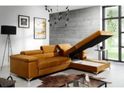 Canapé D'angle Convertible En Tissu Velours Luxe 5 Places, RICHARD, Couleur Moutarde, Angle Droit -Canapé Soldes Boutique canape 9993051